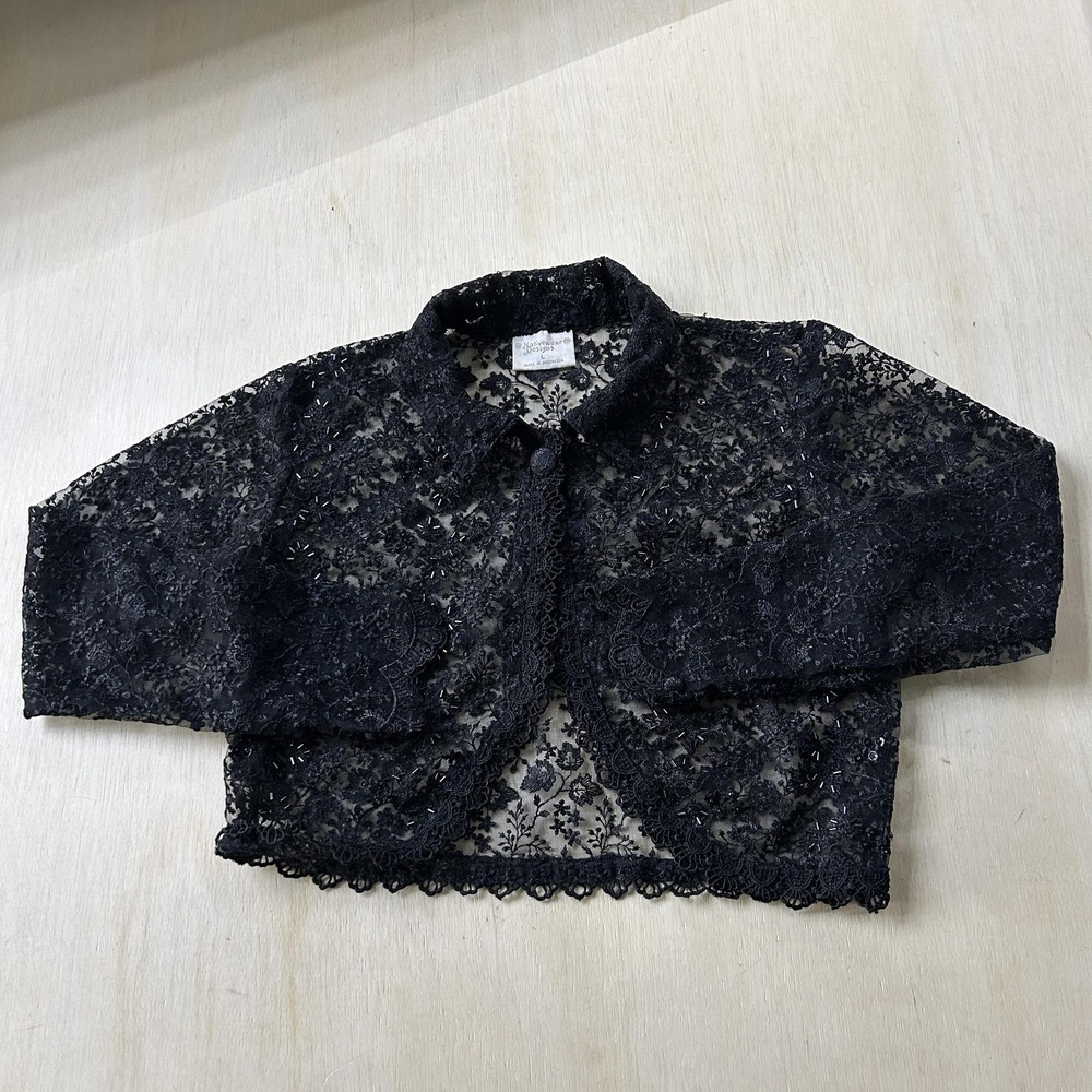 Y2K Nativewear Designs Jacket Women L Black Lace Beaded Sequin Bolero 3/4 Sleeve